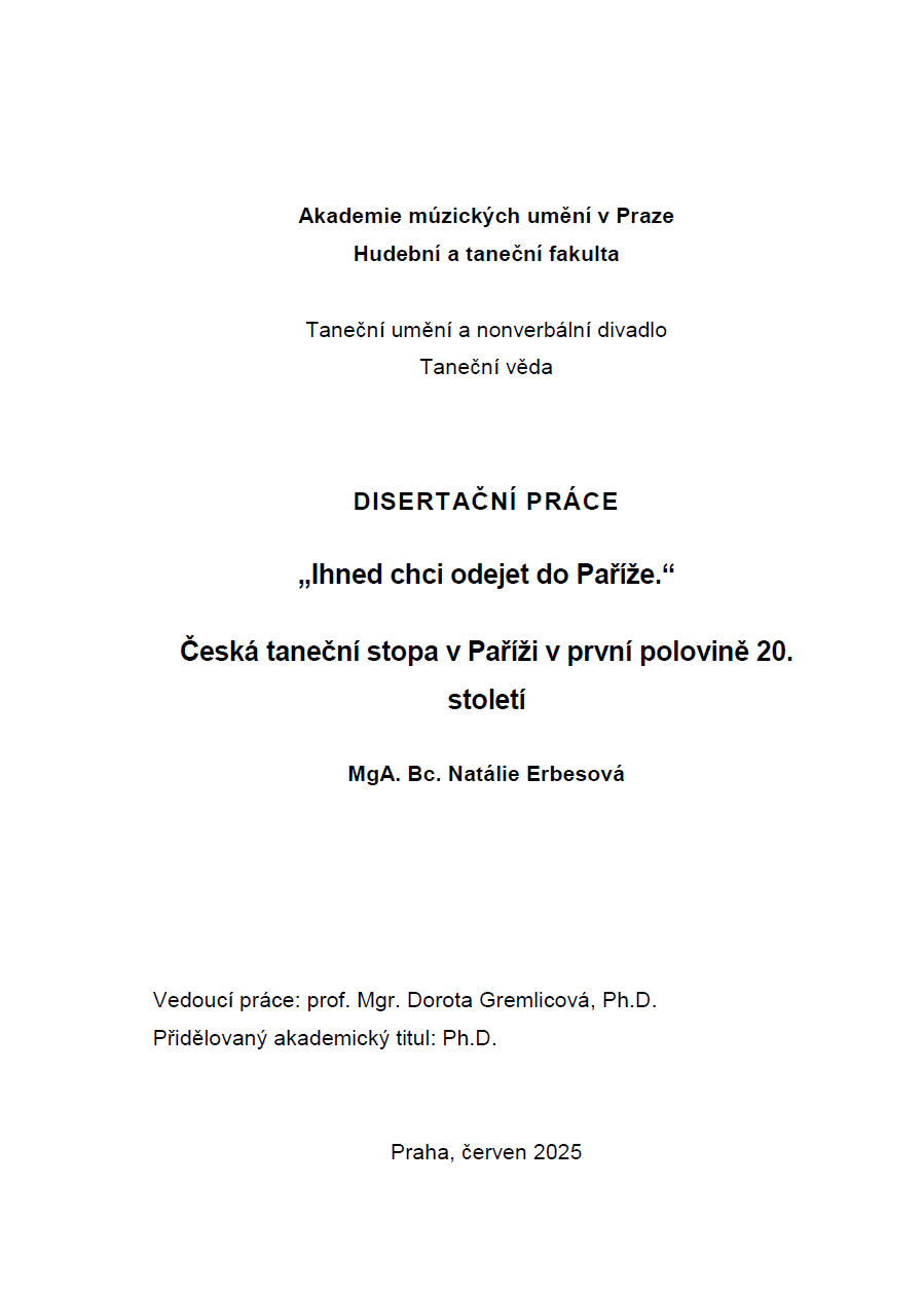 Natálie Erbesová, disertační práce: Česká taneční stopa v Paříži v první polovině 20. století